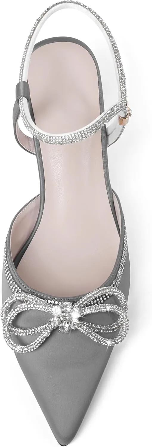 Joseywade Rhinestone Bow Heels Low Kitten Heel Glitter Double Bow Pumps Pointed Toe Women Slingback Adjustable Ankle Strap Shoes for Wedding Bridal Bridesmaid Engagement Bachelorette