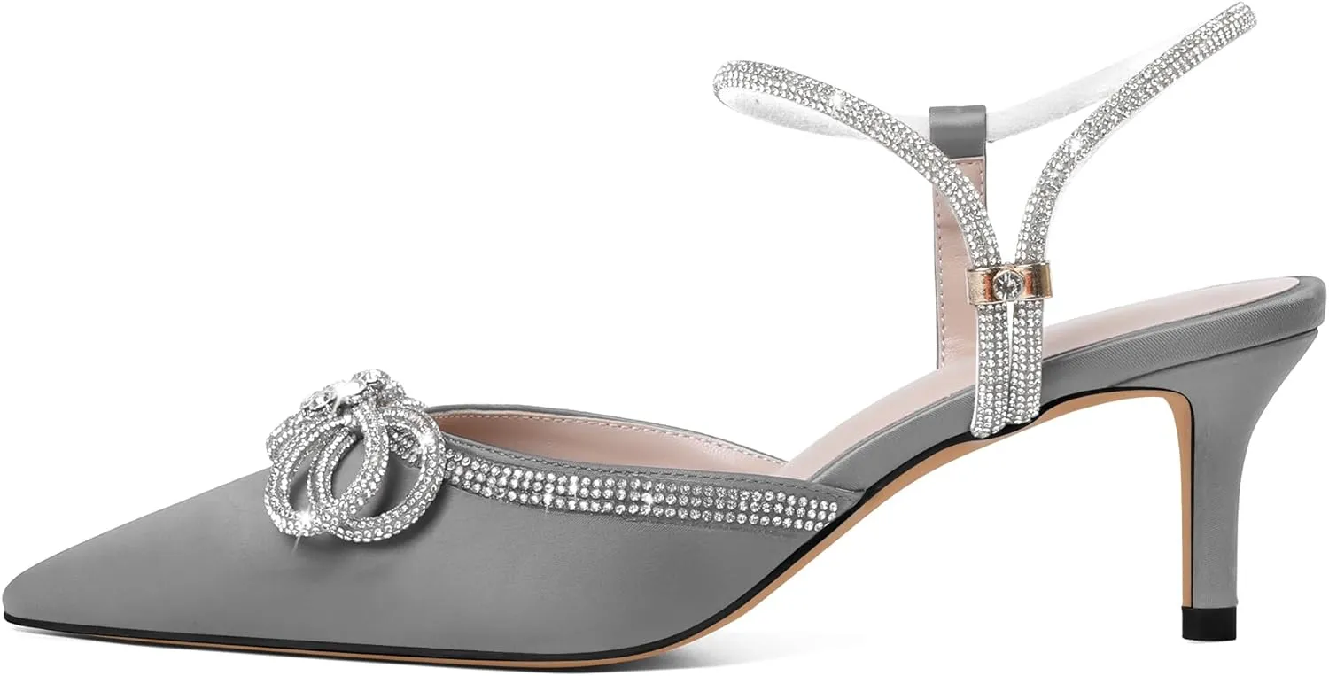 Joseywade Rhinestone Bow Heels Low Kitten Heel Glitter Double Bow Pumps Pointed Toe Women Slingback Adjustable Ankle Strap Shoes for Wedding Bridal Bridesmaid Engagement Bachelorette