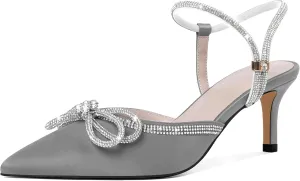 Joseywade Rhinestone Bow Heels Low Kitten Heel Glitter Double Bow Pumps Pointed Toe Women Slingback Adjustable Ankle Strap Shoes for Wedding Bridal Bridesmaid Engagement Bachelorette