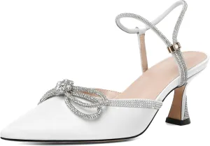 Joseywade Rhinestone Bow Heels Women Pointed Toe Low Heel Pumps Adjustable Ankle Strap Wedding Bridal Party Shoes