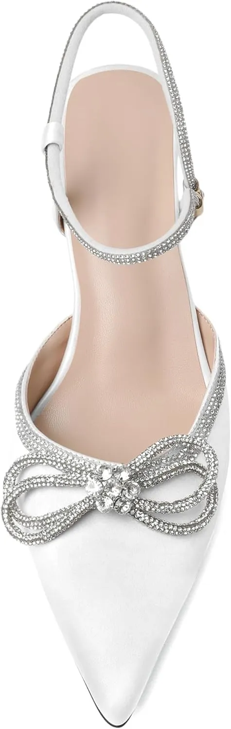 Joseywade Rhinestone Bow Heels Women Pointed Toe Low Heel Pumps Adjustable Ankle Strap Wedding Bridal Party Shoes