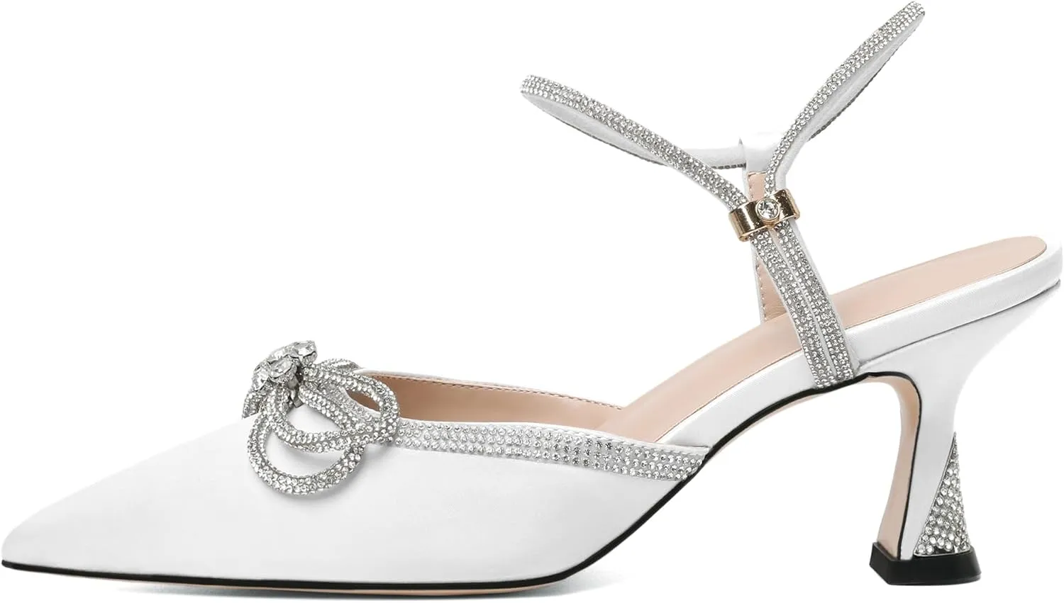 Joseywade Rhinestone Bow Heels Women Pointed Toe Low Heel Pumps Adjustable Ankle Strap Wedding Bridal Party Shoes