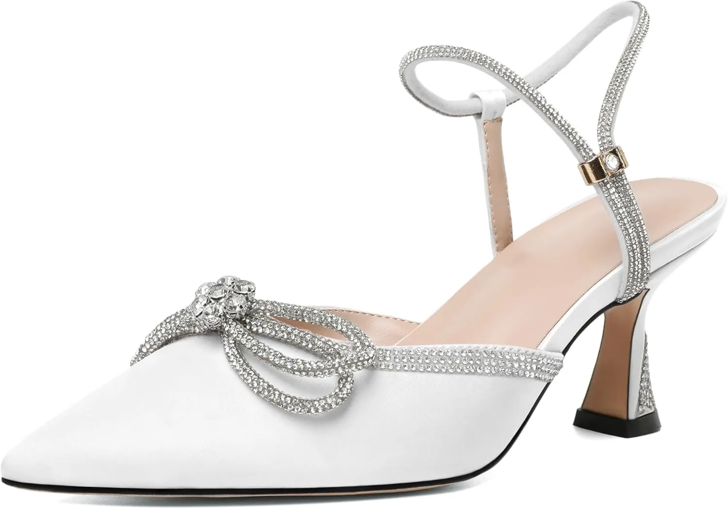 Joseywade Rhinestone Bow Heels Women Pointed Toe Low Heel Pumps Adjustable Ankle Strap Wedding Bridal Party Shoes