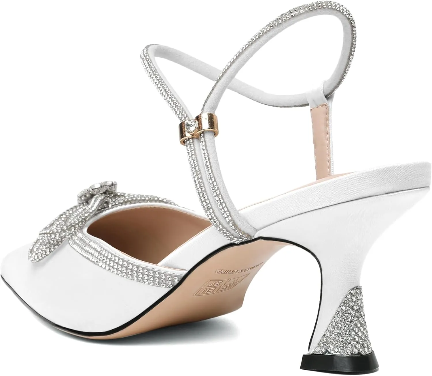 Joseywade Rhinestone Bow Heels Women Pointed Toe Low Heel Pumps Adjustable Ankle Strap Wedding Bridal Party Shoes
