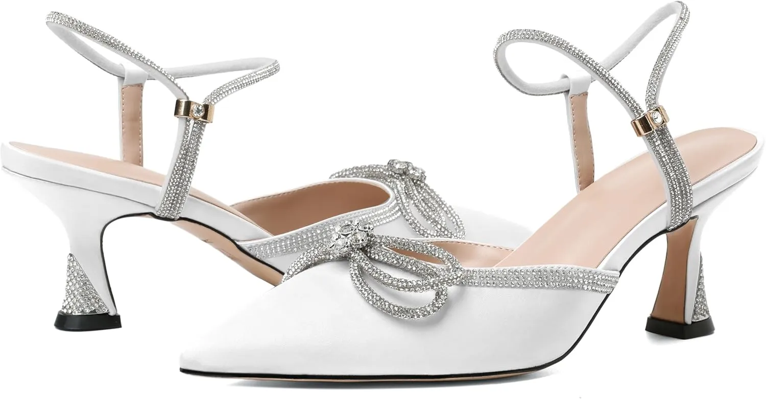 Joseywade Rhinestone Bow Heels Women Pointed Toe Low Heel Pumps Adjustable Ankle Strap Wedding Bridal Party Shoes
