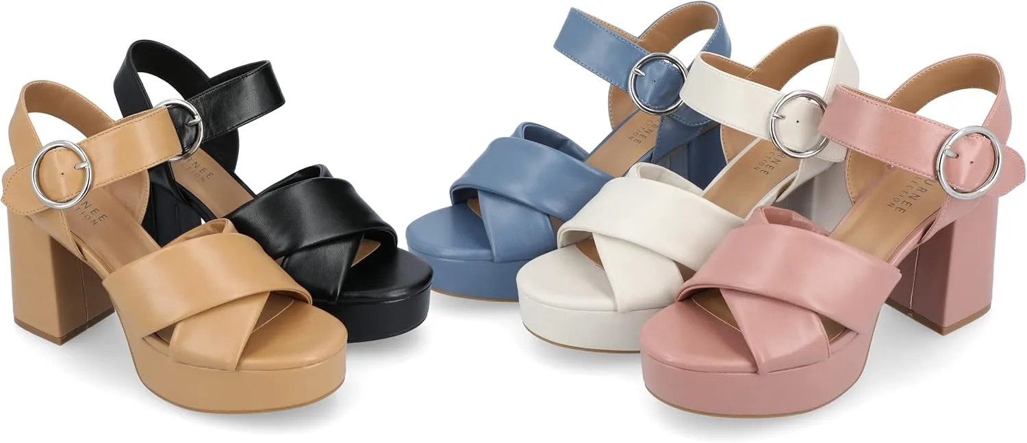 Journee Collection Women's Akeely Platform Sandals Buckle Ankle Strap Chunky Block Heel Crisscross Straps Open Round Toe
