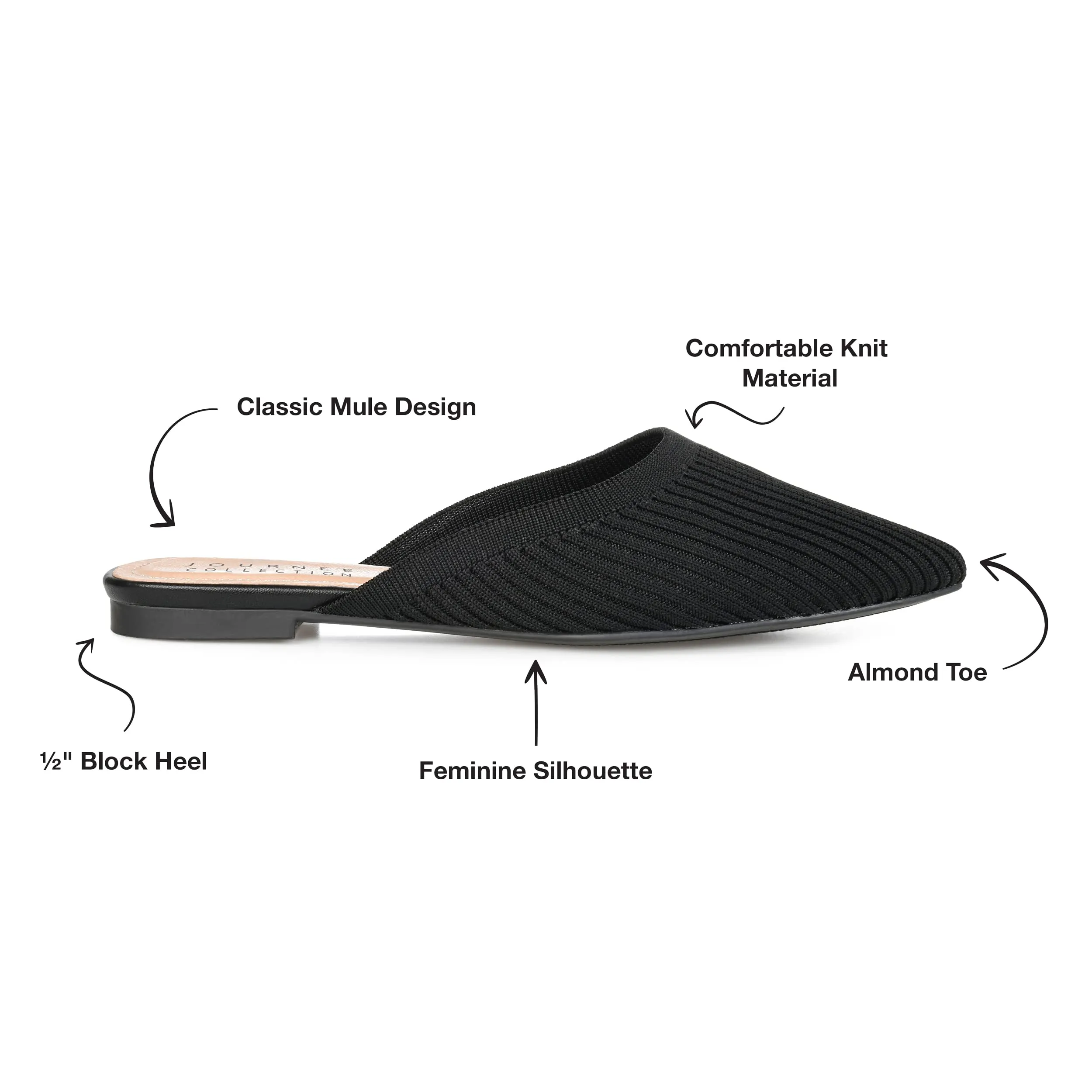 Journee Flat Knit Mules for Women - Closed Pointed Toe Slip-On Shoe - Comfortable Aniee Slide Black 8 Medium Womens US