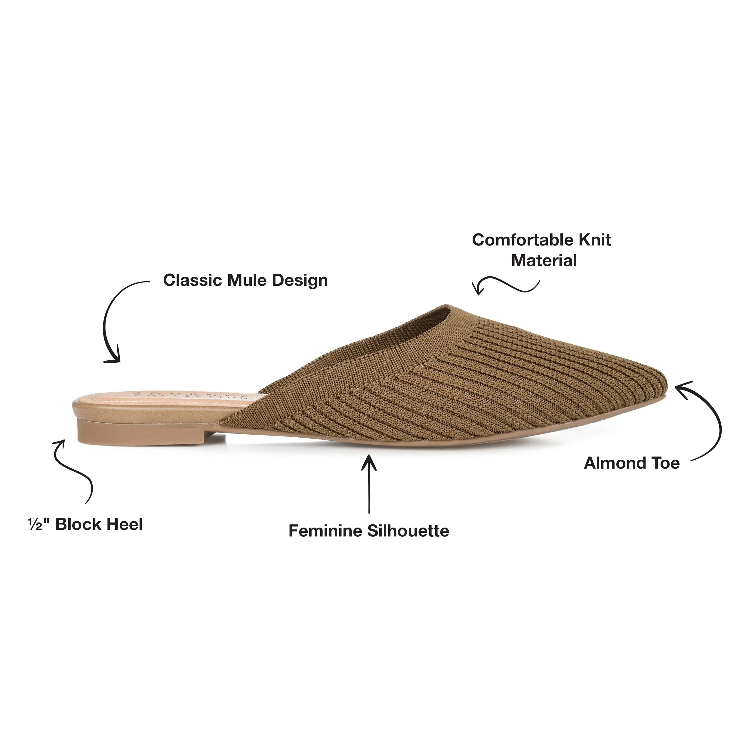 Journee Flat Knit Mules for Women - Closed Pointed Toe Slip-On Shoe - Comfortable Aniee Slide Taupe 8 Medium Womens US