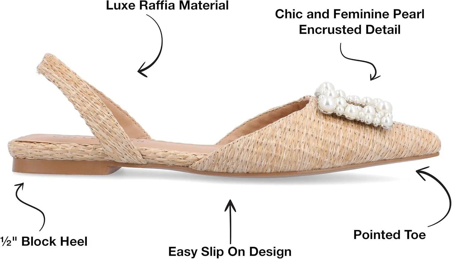 Journee Womens Slingback Jewel Pointed Toe Ballet Flats Slip On Shoes Raffia Pearl Hannae Slides