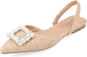 Journee Womens Slingback Jewel Pointed Toe Ballet Flats Slip On Shoes Raffia Pearl Hannae Slides