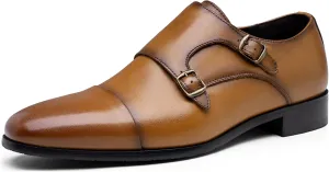 Jousen Mens Dress Loafers Leather Double Monk Strap Oxford Slip On Cap Toe Dress Shoes for Men