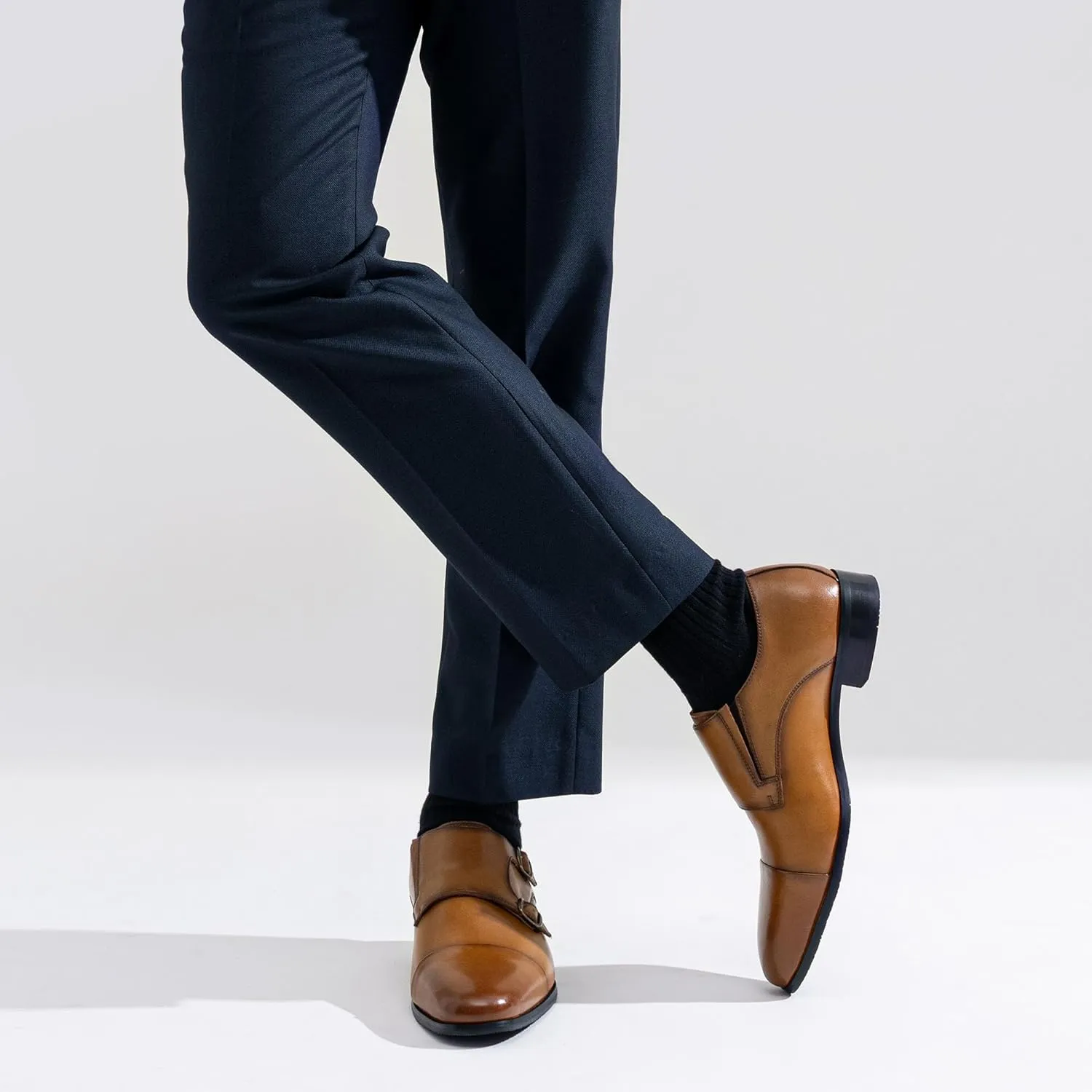 Jousen Mens Dress Loafers Leather Double Monk Strap Oxford Slip On Cap Toe Dress Shoes for Men