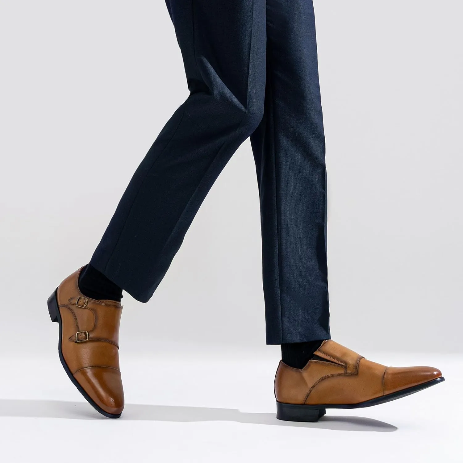 Jousen Mens Dress Loafers Leather Double Monk Strap Oxford Slip On Cap Toe Dress Shoes for Men