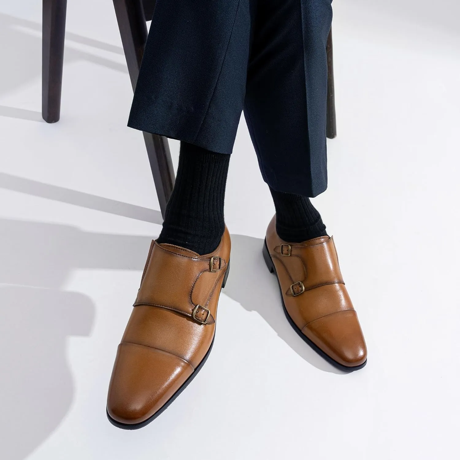 Jousen Mens Dress Loafers Leather Double Monk Strap Oxford Slip On Cap Toe Dress Shoes for Men