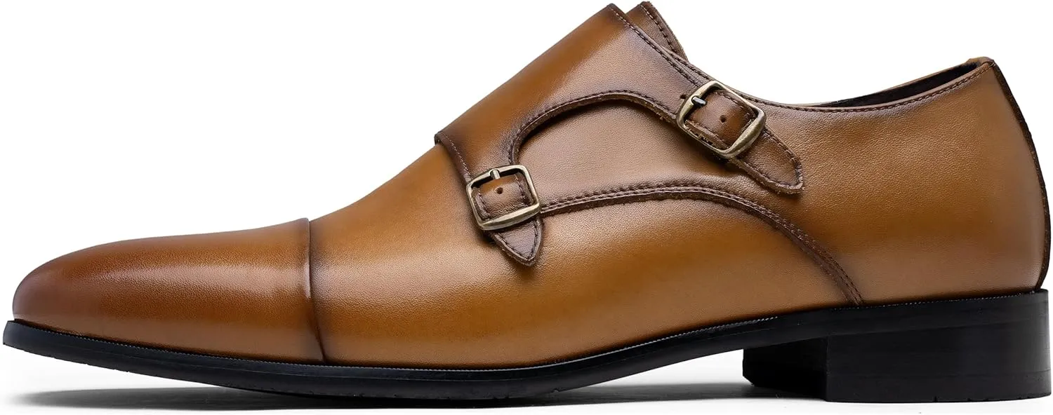 Jousen Mens Dress Loafers Leather Double Monk Strap Oxford Slip On Cap Toe Dress Shoes for Men