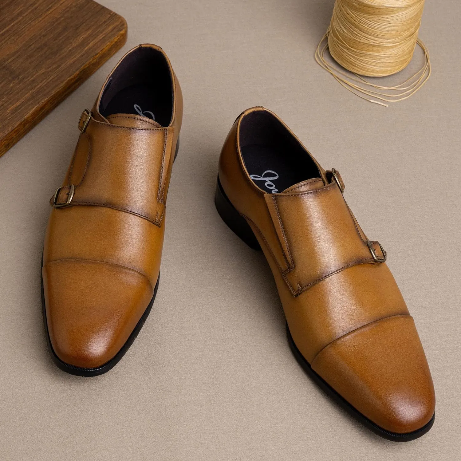 Jousen Mens Dress Loafers Leather Double Monk Strap Oxford Slip On Cap Toe Dress Shoes for Men