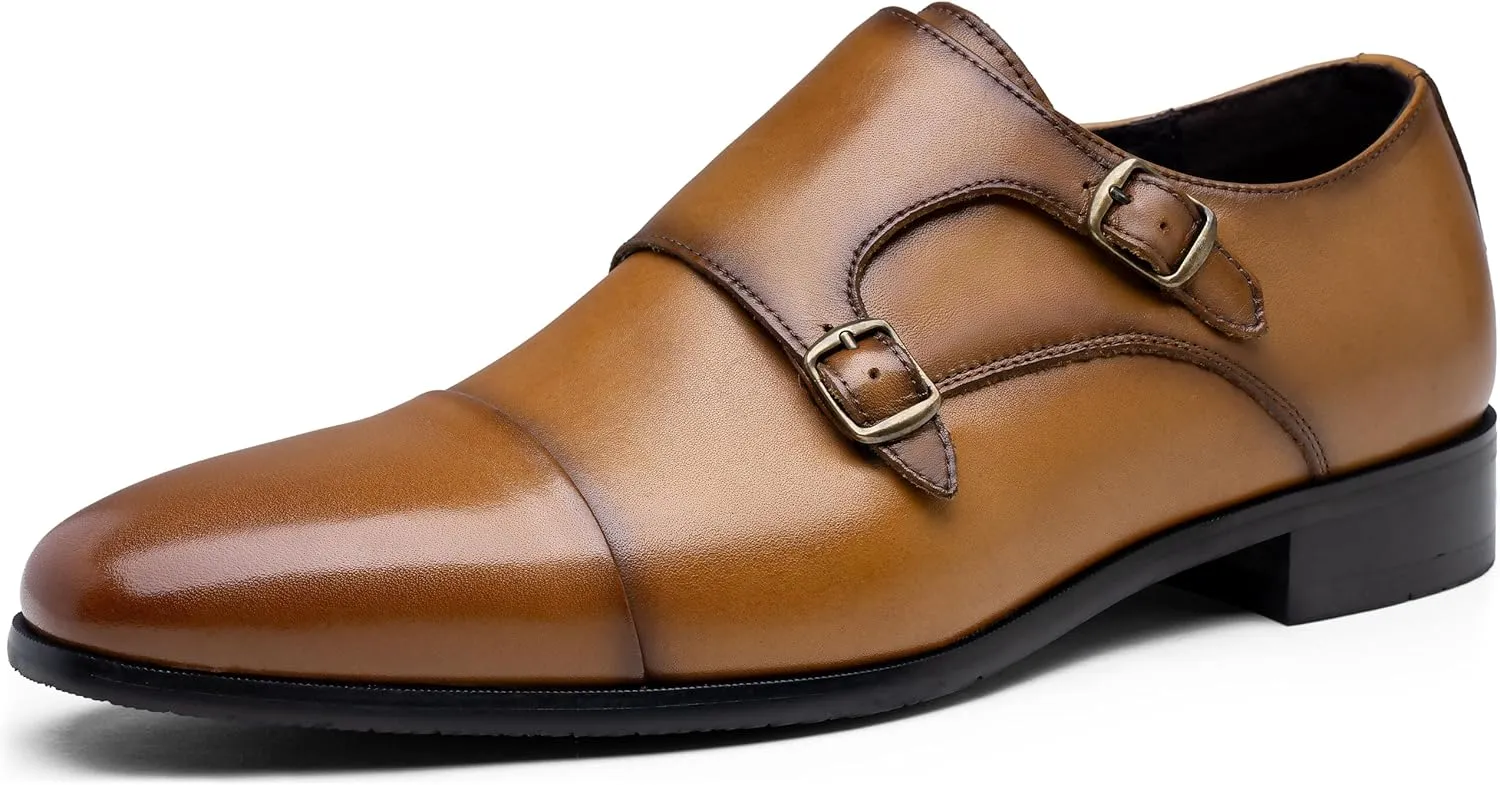 Jousen Mens Dress Loafers Leather Double Monk Strap Oxford Slip On Cap Toe Dress Shoes for Men