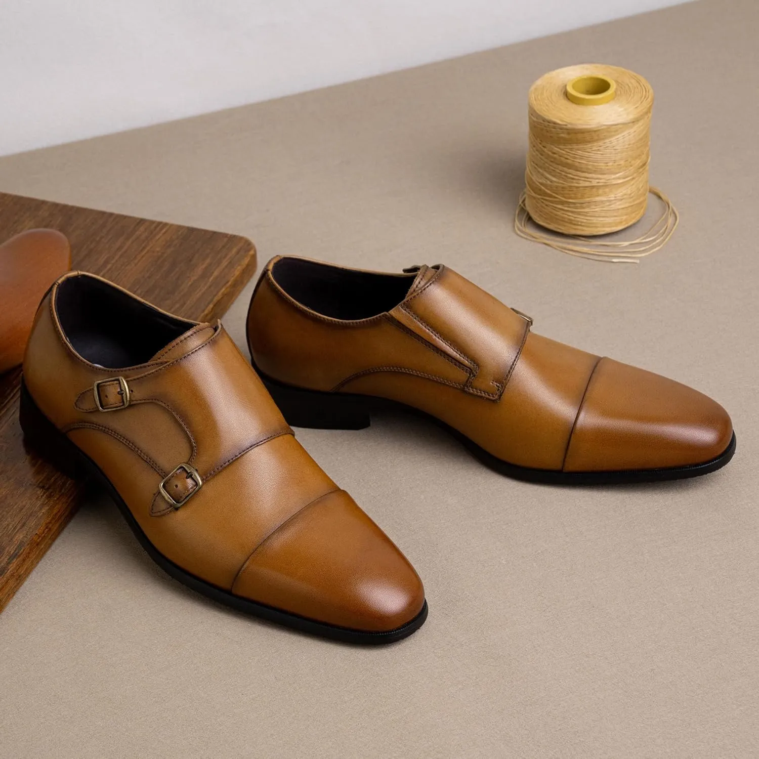 Jousen Mens Dress Loafers Leather Double Monk Strap Oxford Slip On Cap Toe Dress Shoes for Men