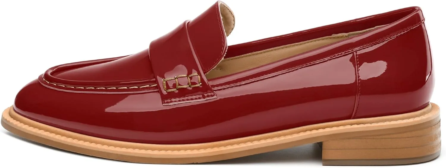 JUSTDANNI Loafers for Women Slip On Shoes with Round Toe 1.2-Inch Low Chunky Block Heel Patent Comfortable Casual Dress Pump Shoes for Wedding Party Work Shopping Dating