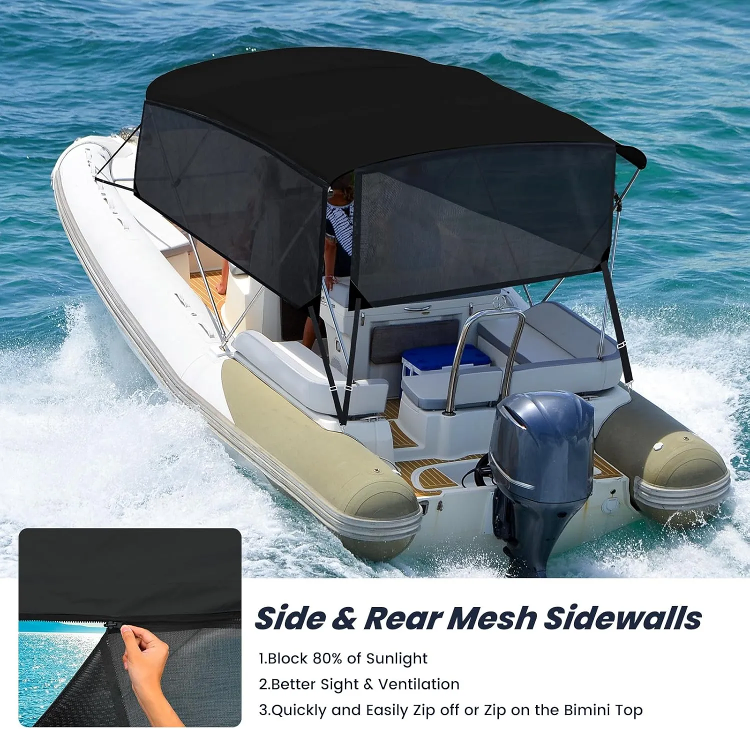 KAKIT 3 4 Bow Bimini Tops for Boats with 3 Mesh Sidewalls Rear Support Poles Boat Canopy Includes Straps Storage Boot, Dark Gray