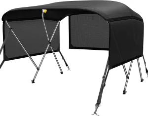 KAKIT 3 4 Bow Bimini Tops for Boats with 3 Mesh Sidewalls Rear Support Poles Boat Canopy Includes Straps Storage Boot, Dark Gray
