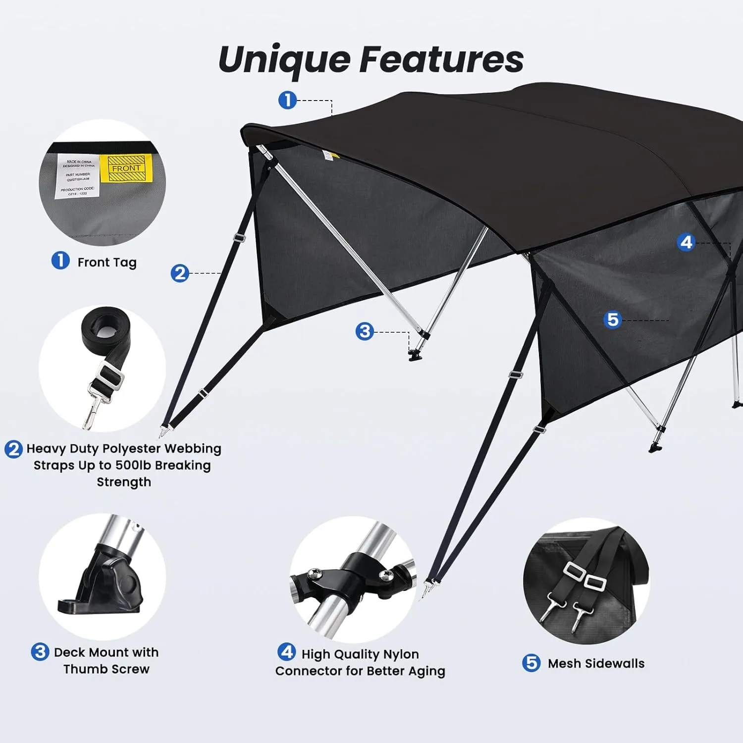 KAKIT 3 4 Bow Bimini Tops for Boats with 3 Mesh Sidewalls Rear Support Poles Boat Canopy Includes Straps Storage Boot, Dark Gray