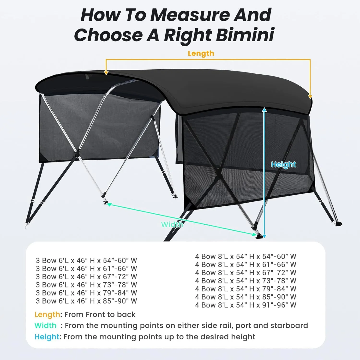 KAKIT 3 4 Bow Bimini Tops for Boats with 3 Mesh Sidewalls Rear Support Poles Boat Canopy Includes Straps Storage Boot, Dark Gray