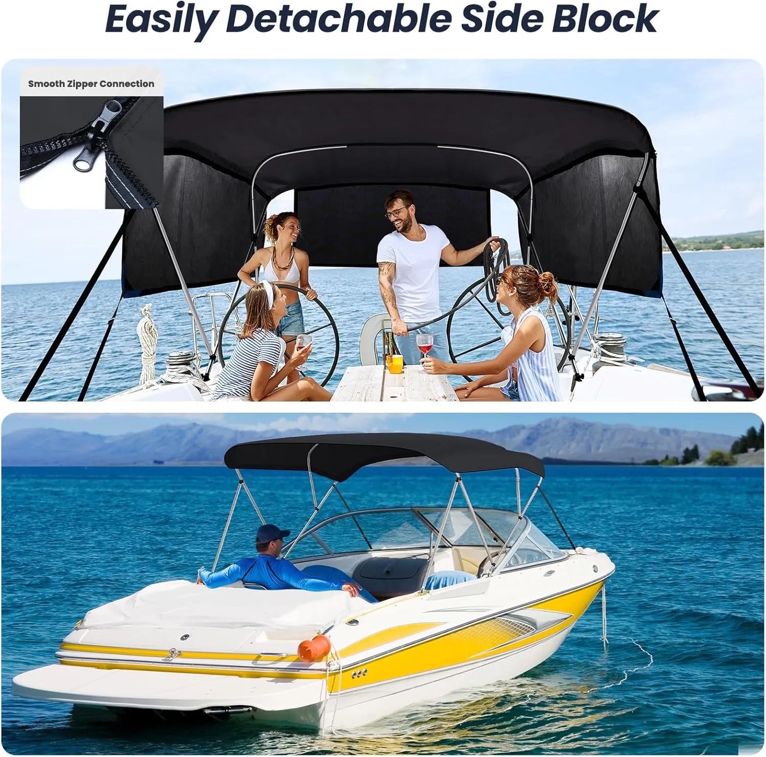 KAKIT 3 4 Bow Bimini Tops for Boats with 3 Mesh Sidewalls Rear Support Poles Boat Canopy Includes Straps Storage Boot, Dark Gray