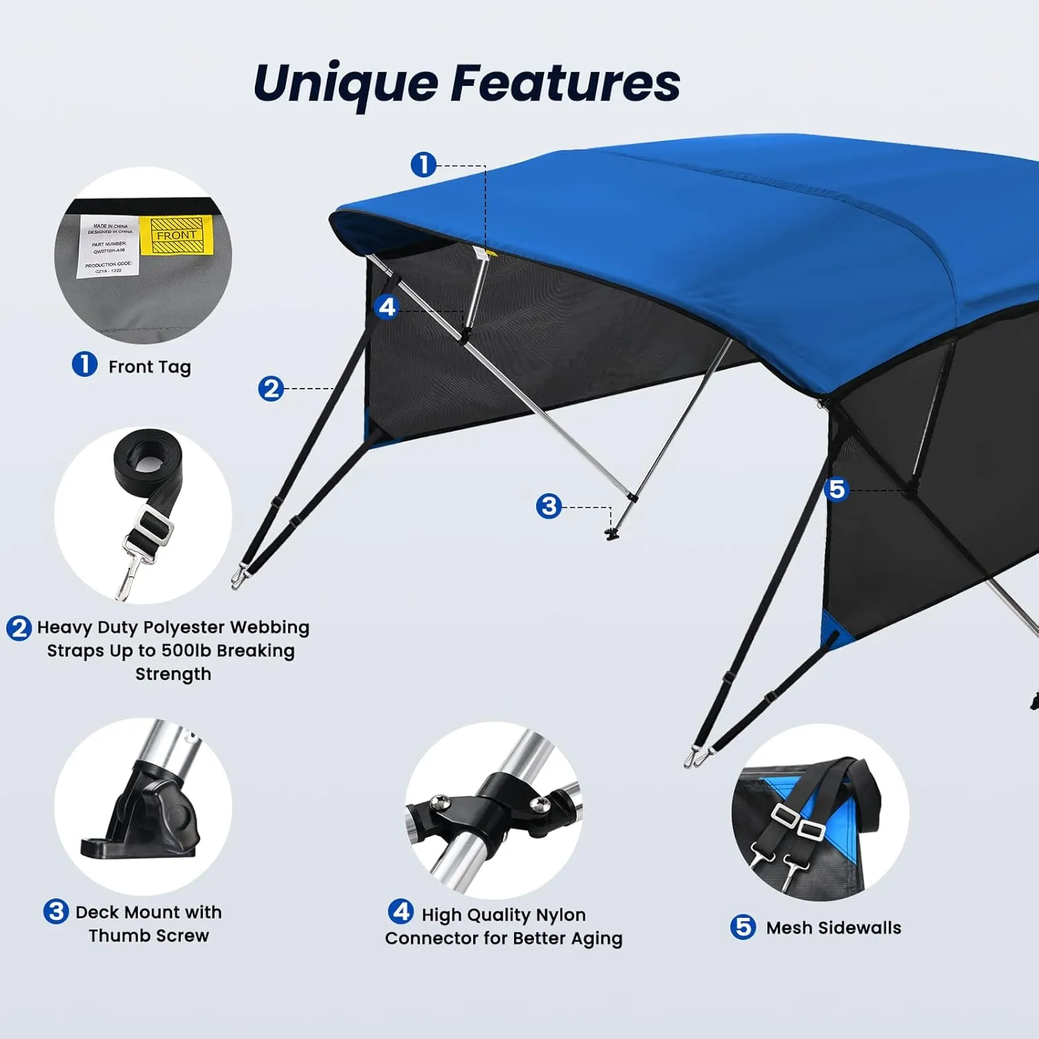 KAKIT 3 4 Bow Bimini Tops with Mesh Sidewalls Support Poles for Boats Marine Grade Canvas Top Includes 2 Straps Storage Boot 1 Inch Aluminum Frame