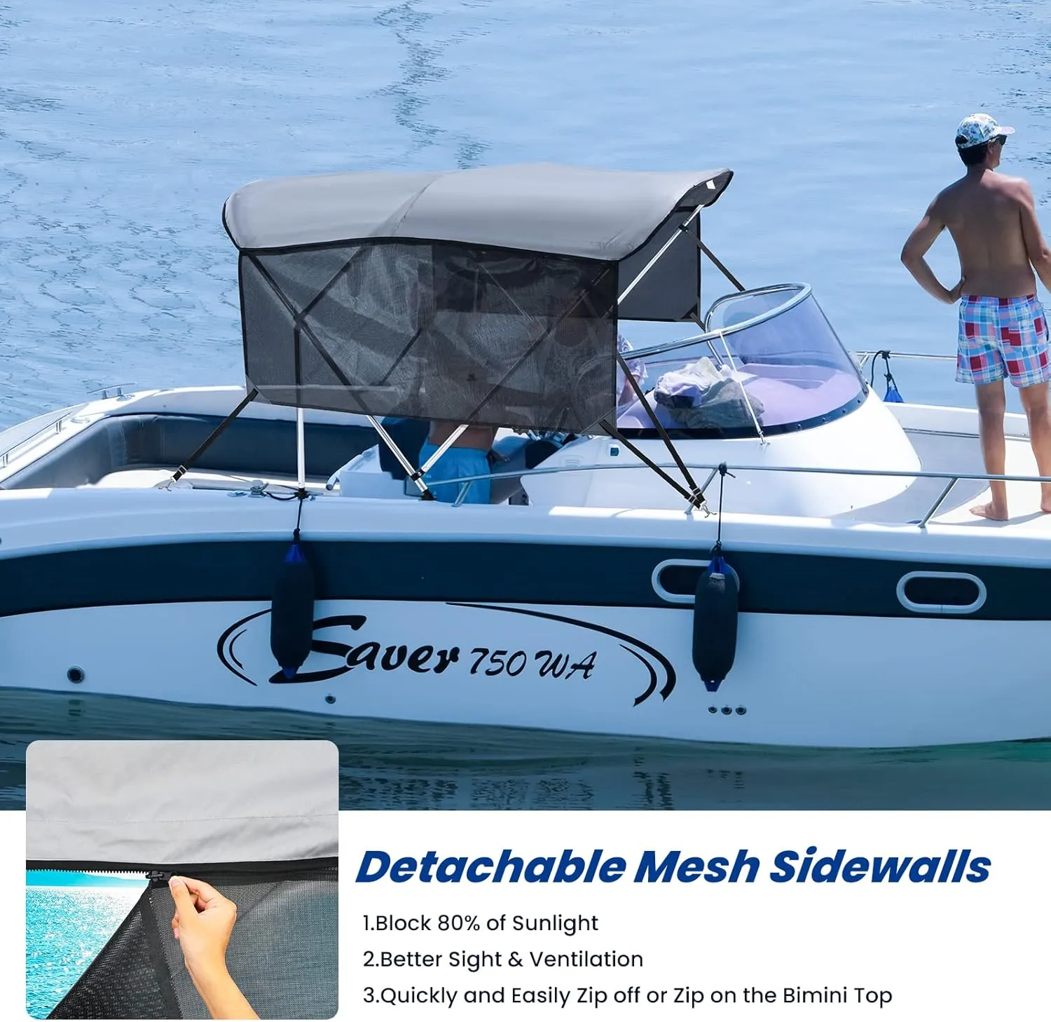KAKIT 3 4 Bow Bimini Tops with Mesh Sidewalls Support Poles for Boats Marine Grade Canvas Top Includes 2 Straps Storage Boot 1 Inch Aluminum Frame