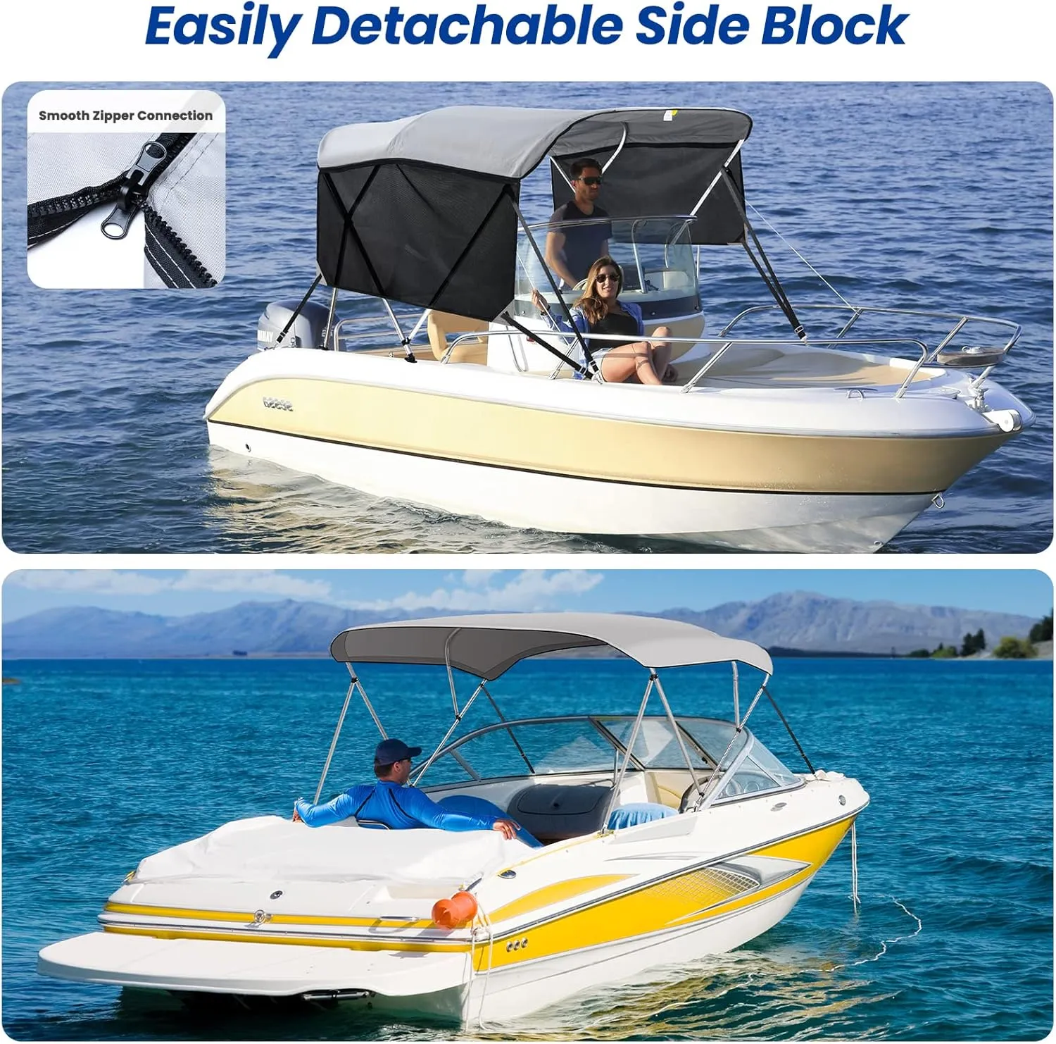 KAKIT 3 4 Bow Bimini Tops with Mesh Sidewalls Support Poles for Boats Marine Grade Canvas Top Includes 2 Straps Storage Boot 1 Inch Aluminum Frame