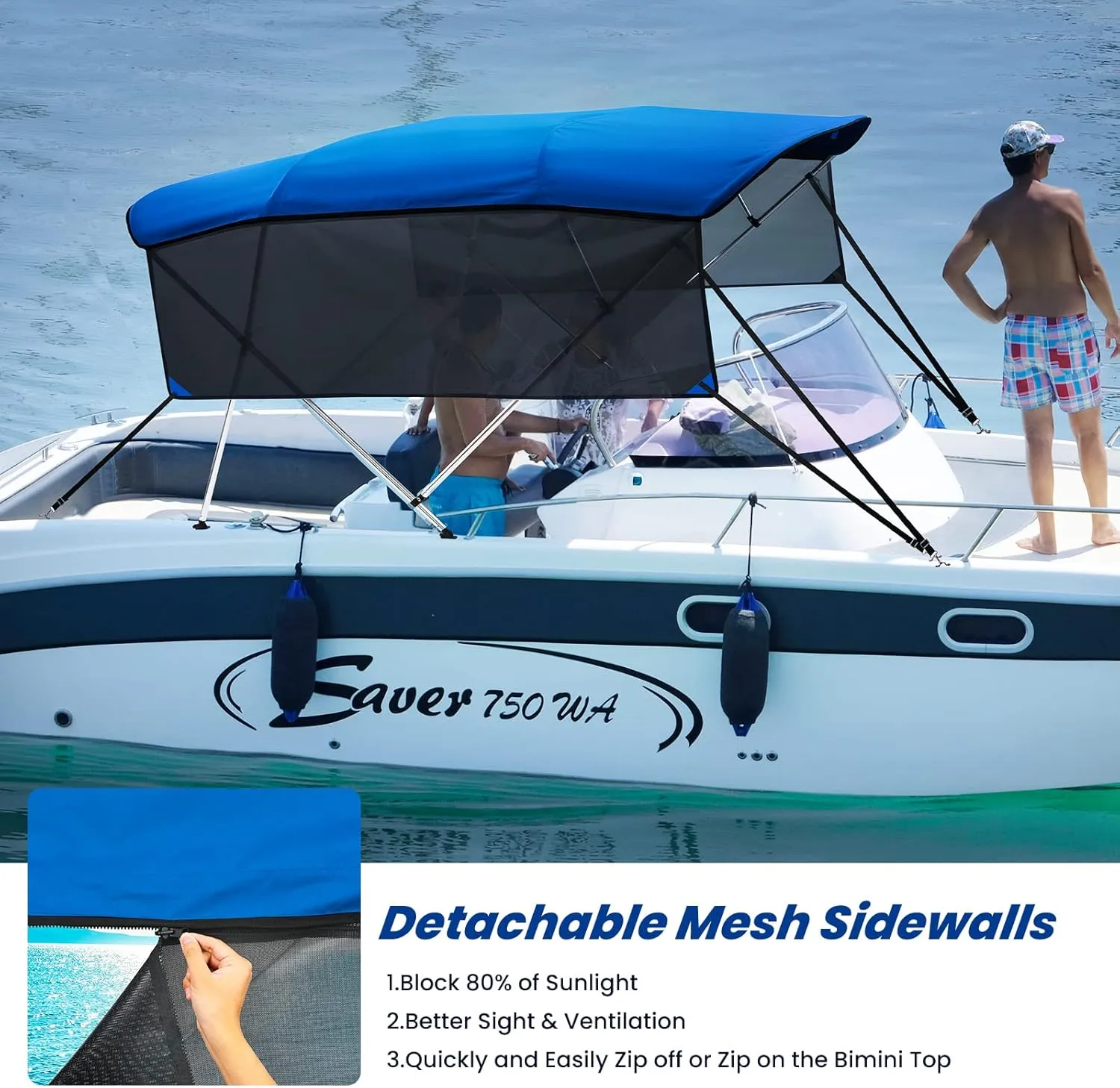 KAKIT 3 4 Bow Bimini Tops with Mesh Sidewalls Support Poles for Boats Marine Grade Canvas Top Includes 2 Straps Storage Boot 1 Inch Aluminum Frame