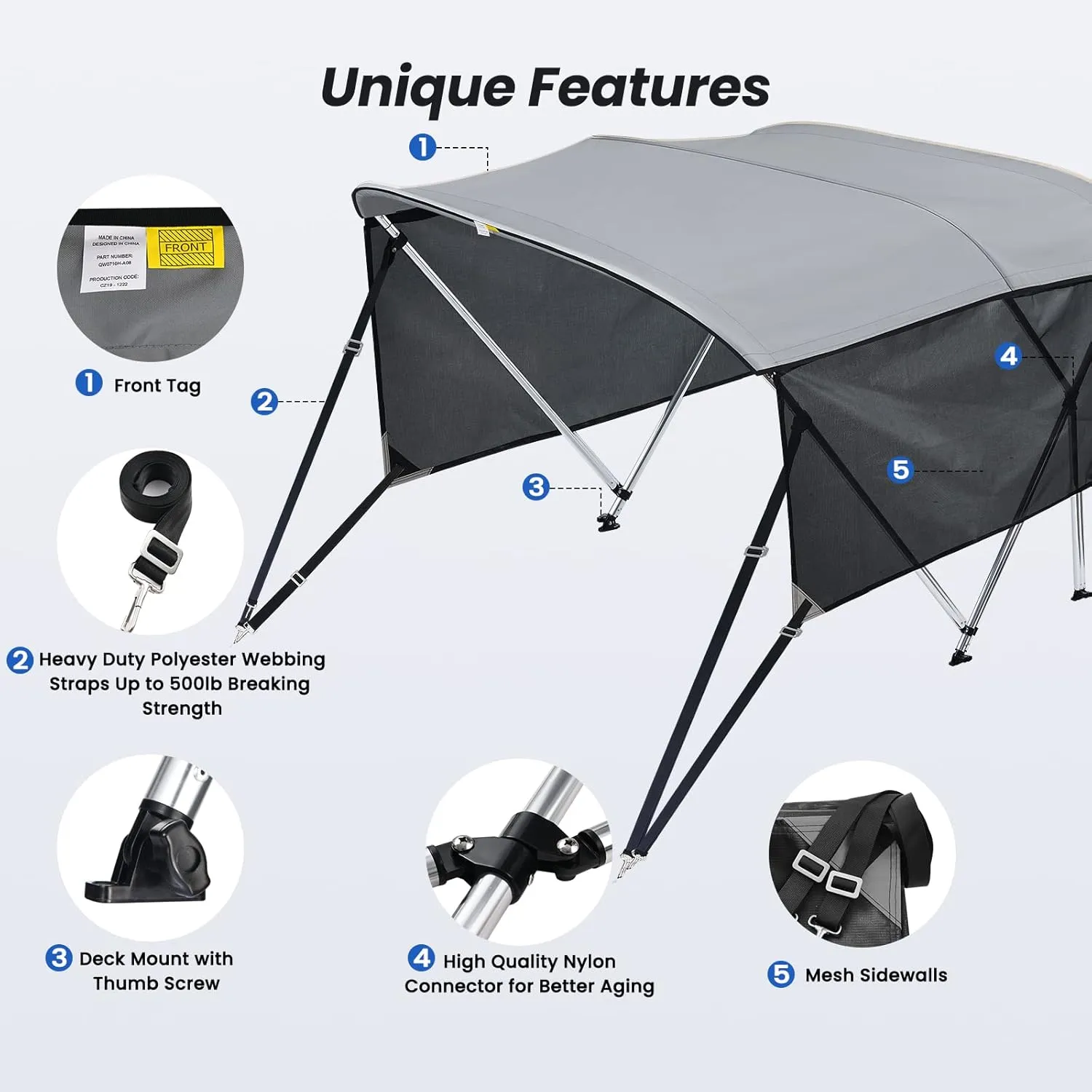 KAKIT 3 4 Bow Bimini Tops with Mesh Sidewalls Support Poles for Boats Marine Grade Canvas Top Includes 2 Straps Storage Boot 1 Inch Aluminum Frame