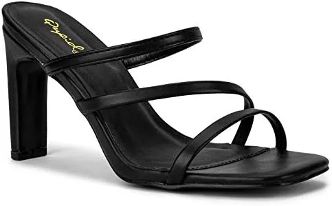 Kaylee Mules for Women - Black Faux Leather Open Toe Slip On Heels - 5.5