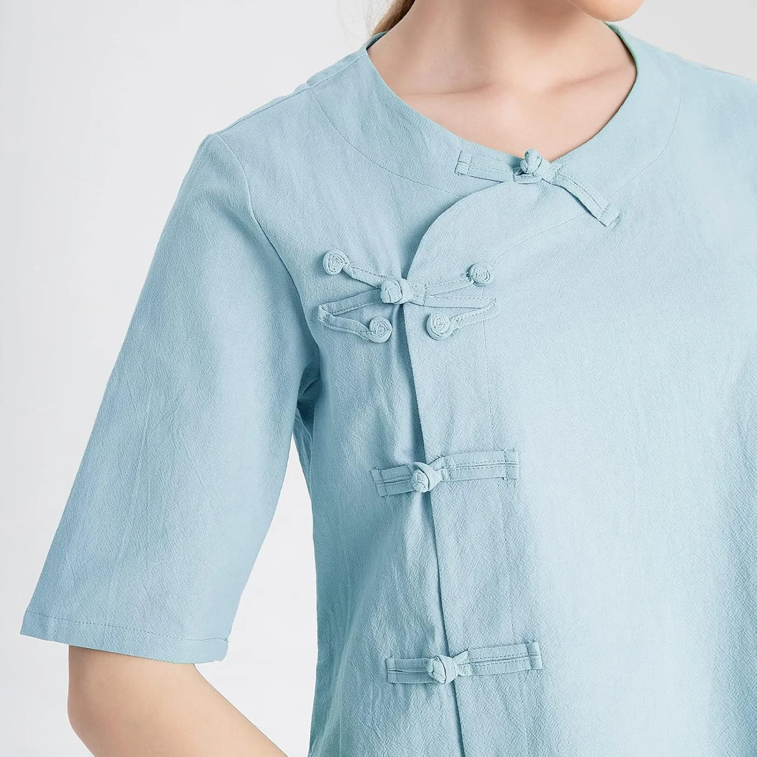 Kedera Women's Loose Cotton Linen Blouse Round Neck with Chinese Frog Button Tops