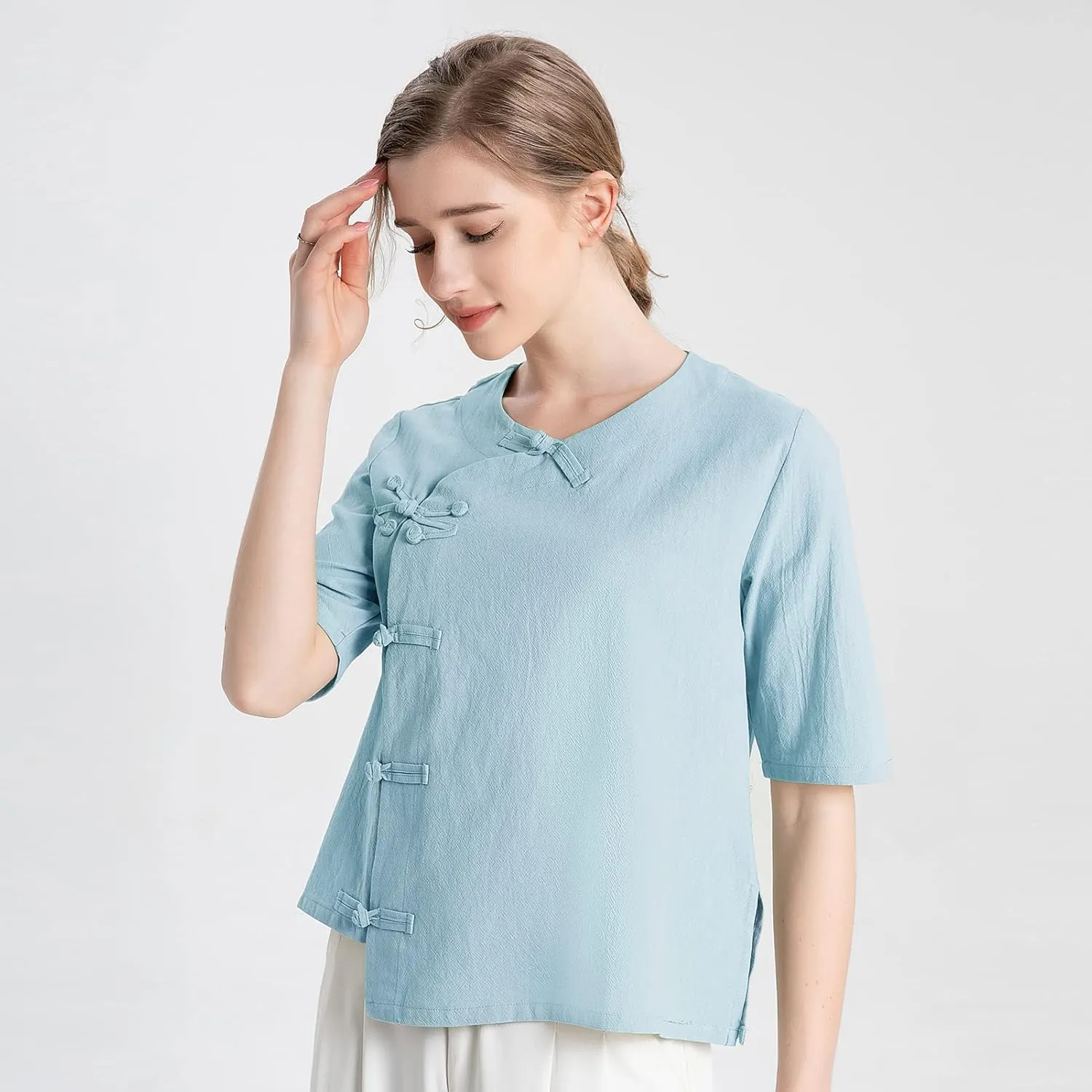 Kedera Women's Loose Cotton Linen Blouse Round Neck with Chinese Frog Button Tops