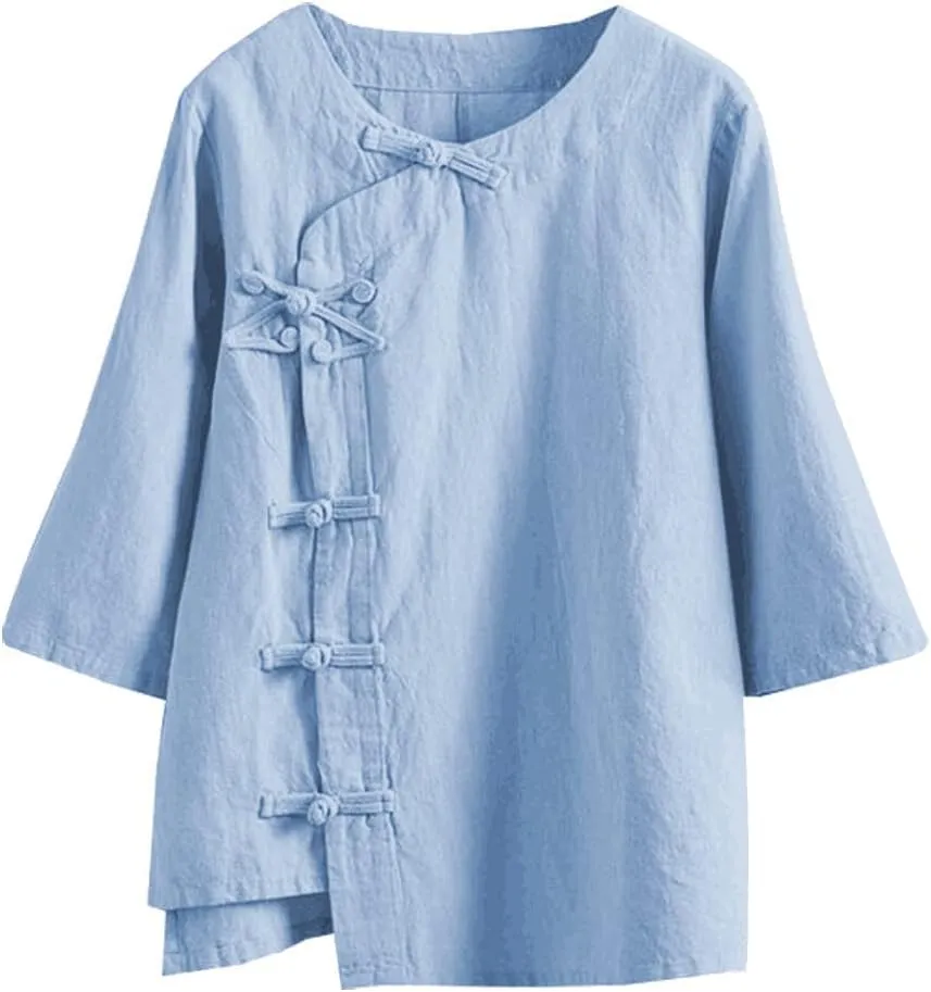 Kedera Women's Loose Cotton Linen Blouse Round Neck with Chinese Frog Button Tops