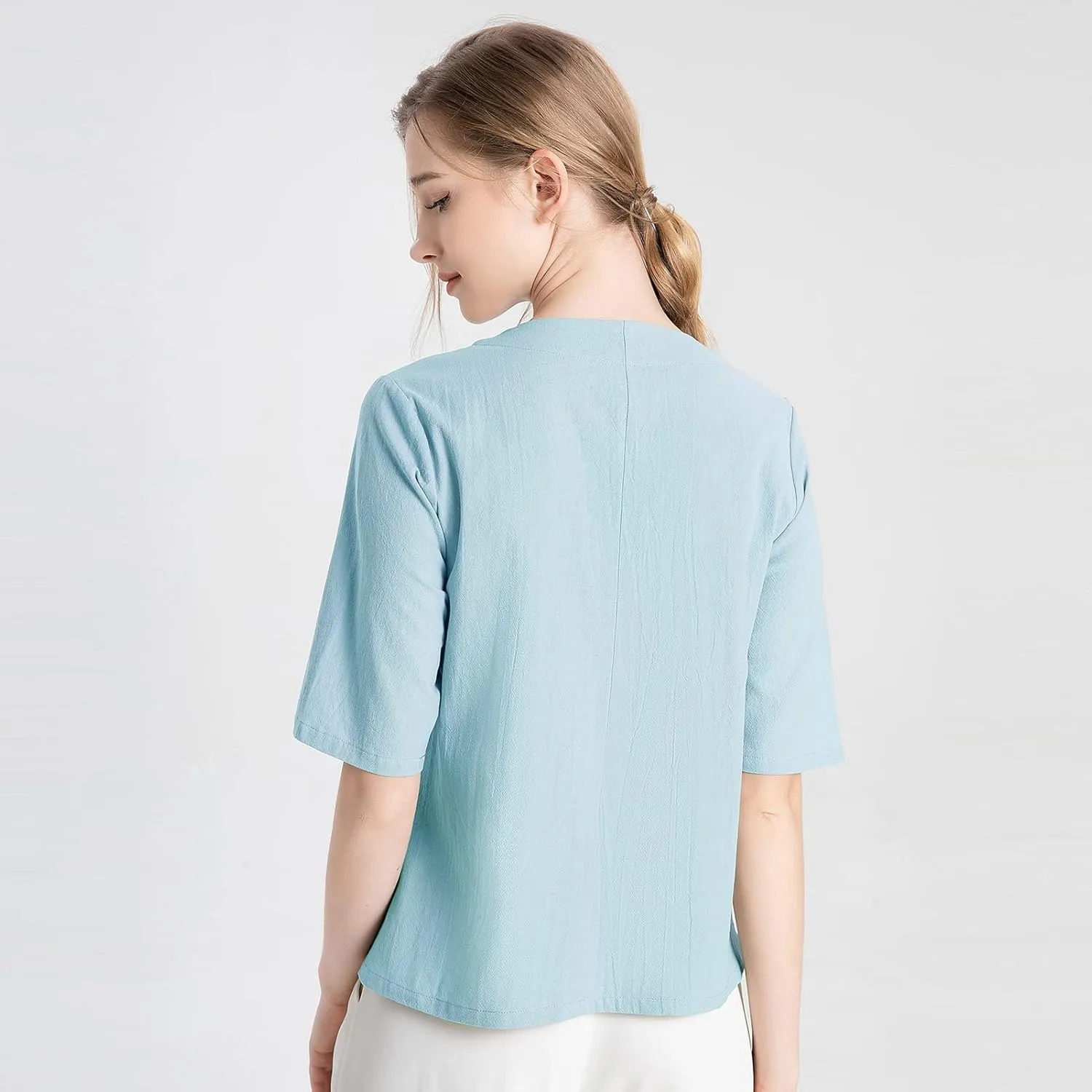 Kedera Women's Loose Cotton Linen Blouse Round Neck with Chinese Frog Button Tops