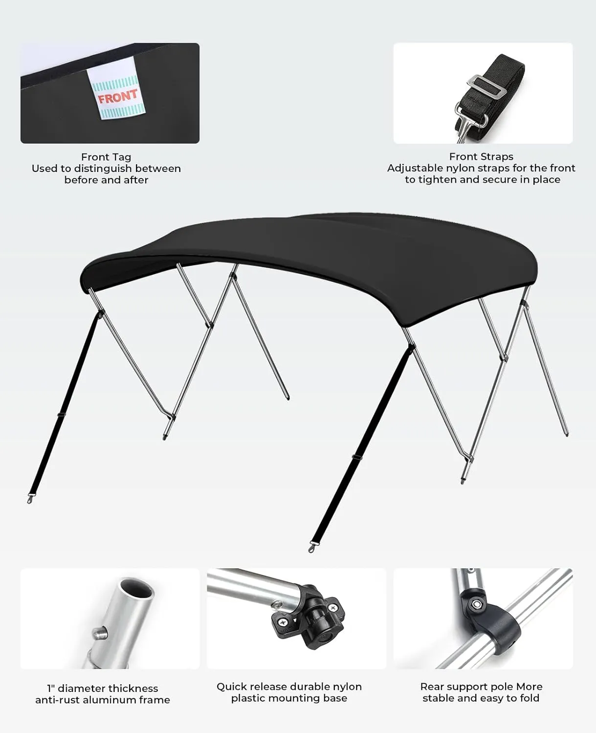 KEMIMOTO Bimini Top for Boat, Bimini Tops Cover 600D Marine Grade Canvas Boat Canopy with 6ft Length 54 in - 96 in Width 46 in Height, Includes Mounting Hardware, Straps Rear Support Poles