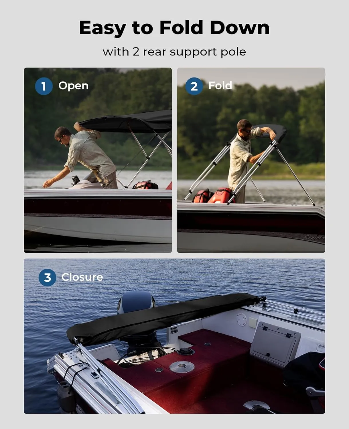 KEMIMOTO Bimini Top for Boat, Bimini Tops Cover 600D Marine Grade Canvas Boat Canopy with 6ft Length 54 in - 96 in Width 46 in Height, Includes Mounting Hardware, Straps Rear Support Poles
