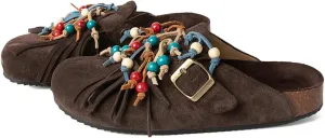 KIKIVIVI Suede Clogs for Women Colorful Fringe Soft Footbed Leather Cork Classic Waterproof Mules Pull On Slippers Sandals
