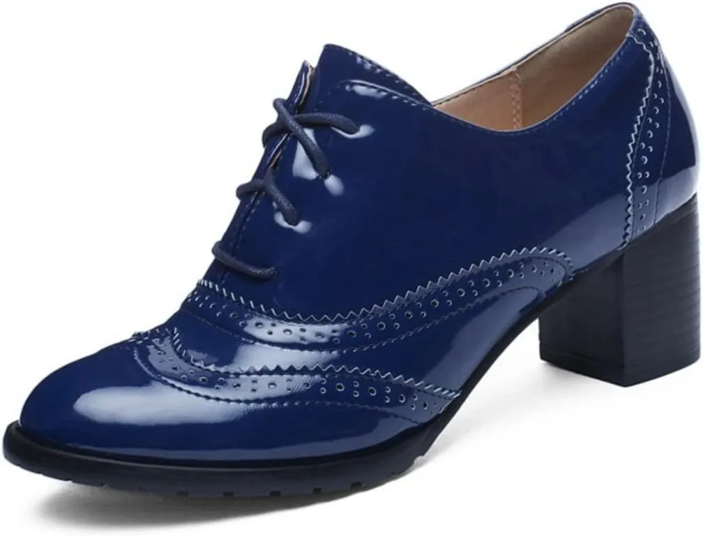 KIKIVIVI Womens Wingtip Lace Up Oxford Shoes Chunky Block Heel Round Toe Pumps