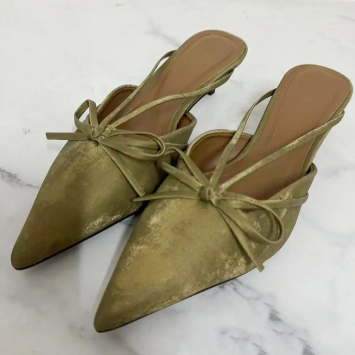 Kitten Heels Bow Mules for Women Closed Point Toe Sling Back Heels Sandals