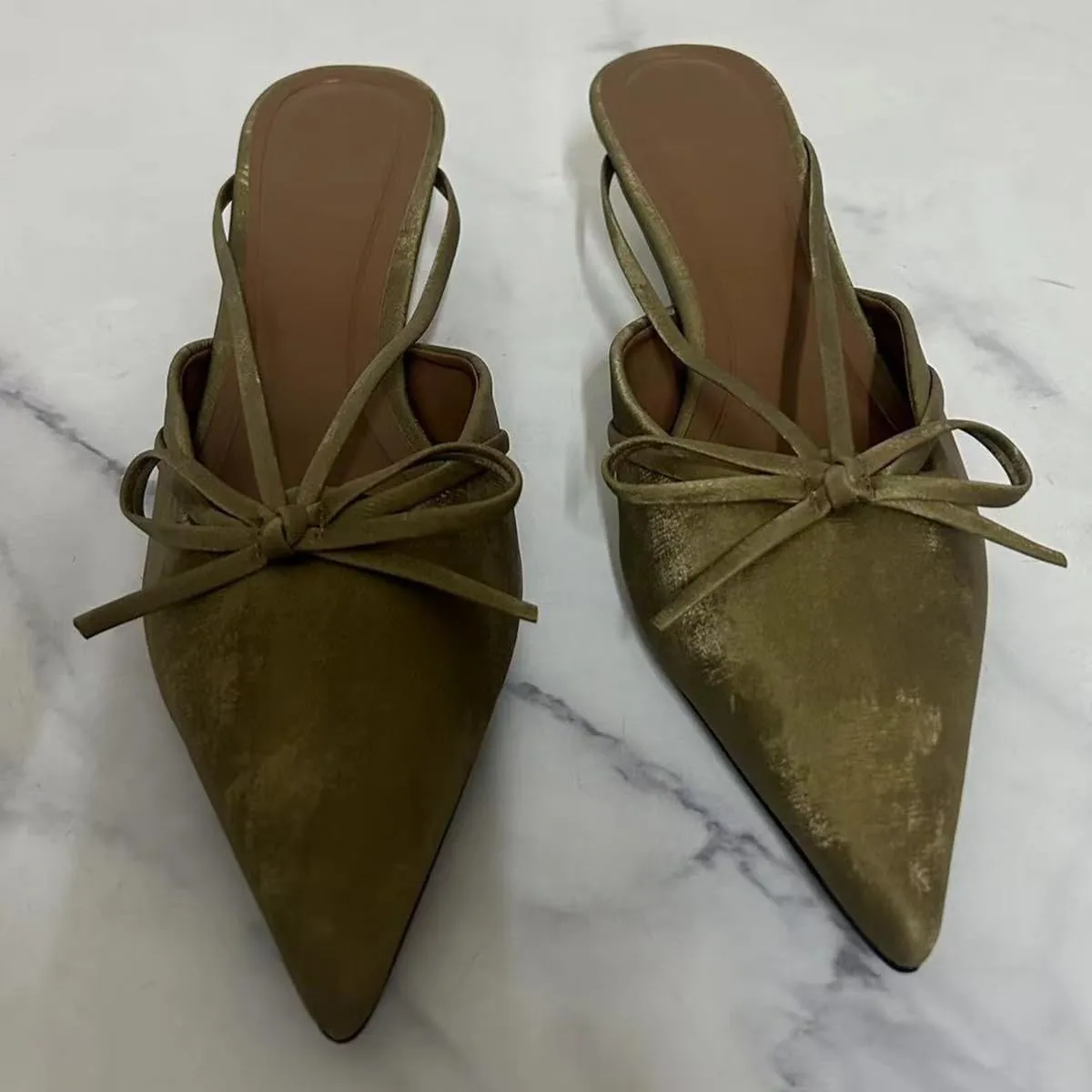 Kitten Heels Bow Mules for Women Closed Point Toe Sling Back Heels Sandals