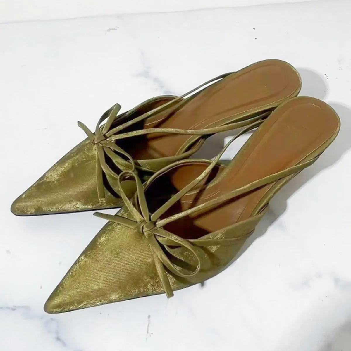 Kitten Heels Bow Mules for Women Closed Point Toe Sling Back Heels Sandals