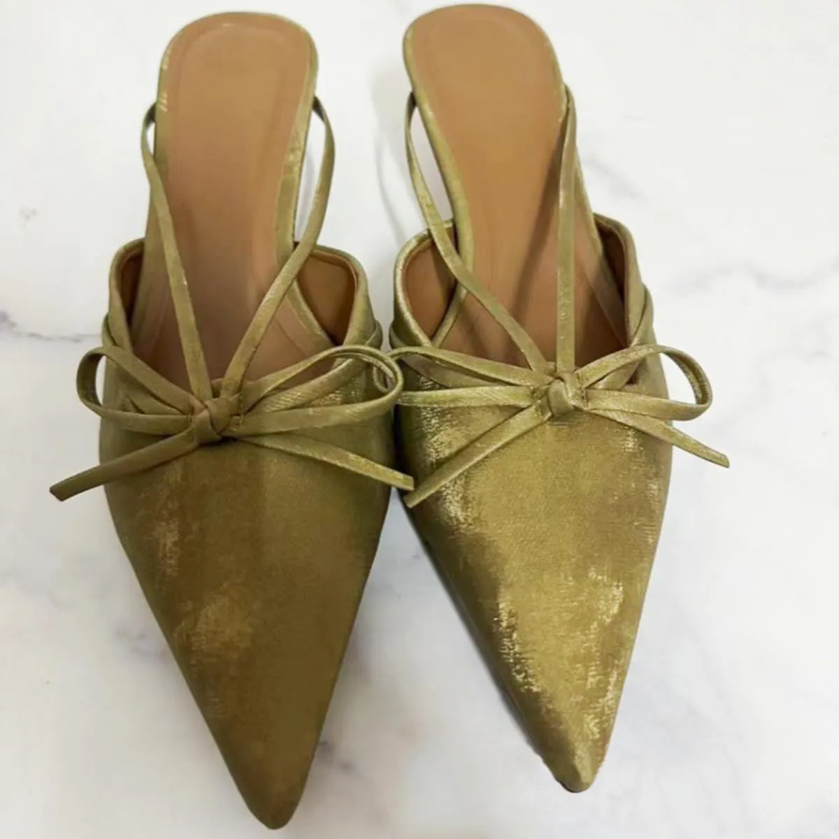 Kitten Heels Bow Mules for Women Closed Point Toe Sling Back Heels Sandals