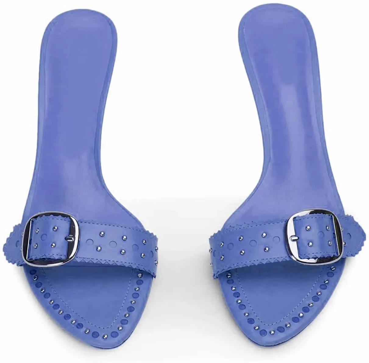 Kitten Heels for Women Buckle Studded Mules Pointed Toe Heels Slip on Heeled Sandals