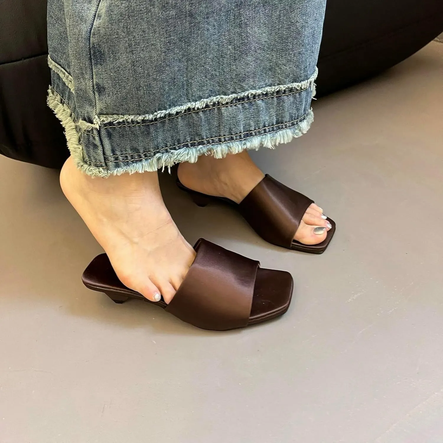 Kitten Heels Mules for Women, Satin Peep Square Toe Slingback Slip On Sandals for Dressy Casual