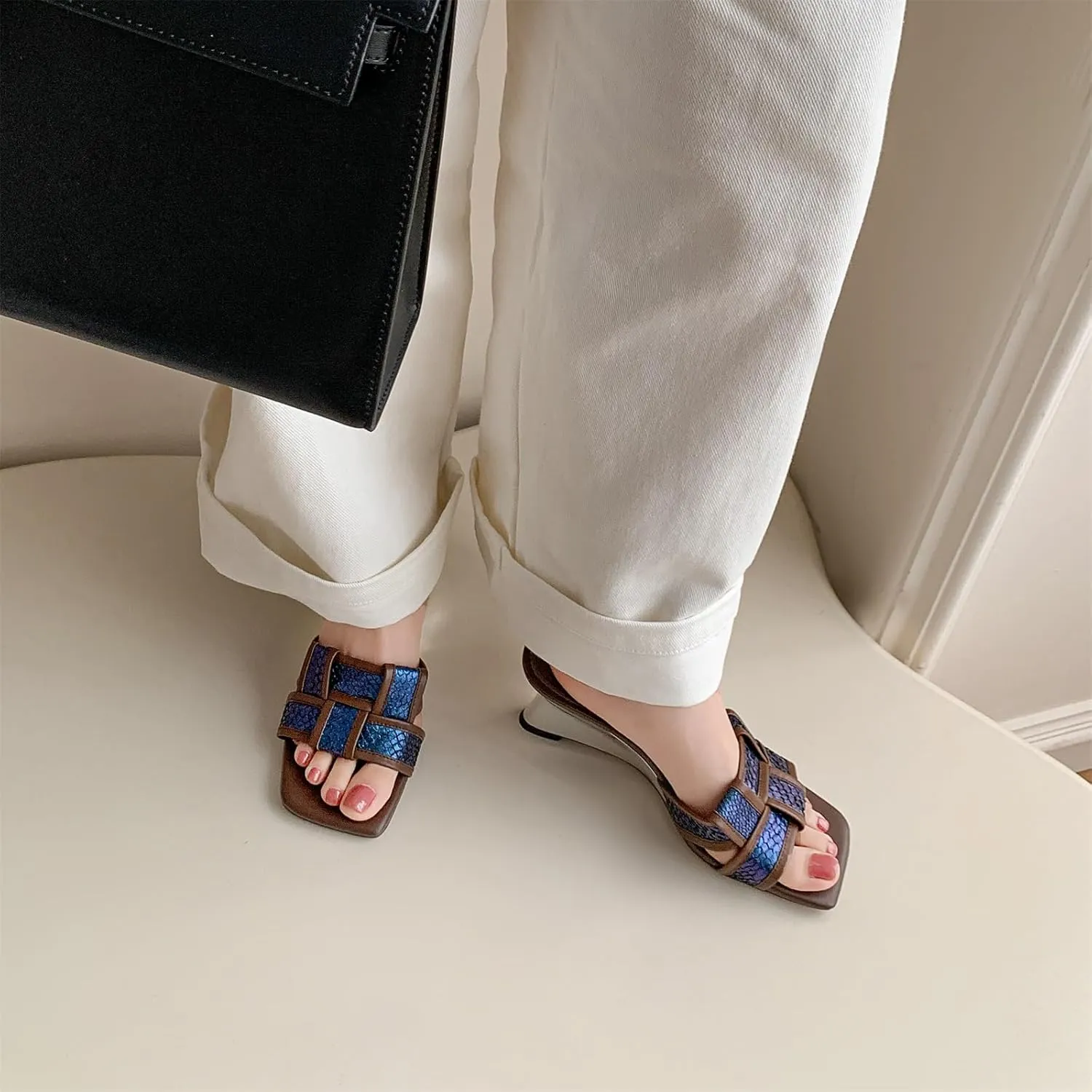 Kluolandi Women's Slides Wedge Sandals Square Open Toe Braided Heeled Mules for Women Slip On Heels Dress Shoes