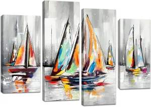 KLVOS Colorful Sailboat Wall Art Painting Print on Canvas Abstract Boats Reflection Coastal Artwork Framed for Living Room Bedroom Kitchen Home Office Wall Decor Ready to Hang